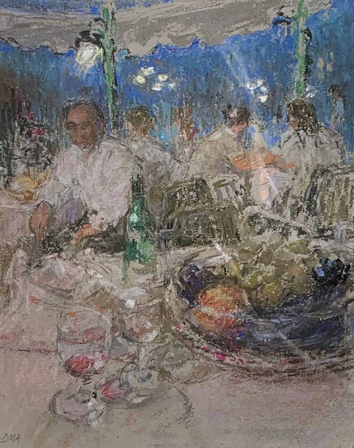 Impressionist painting of figures dining outdoors at night