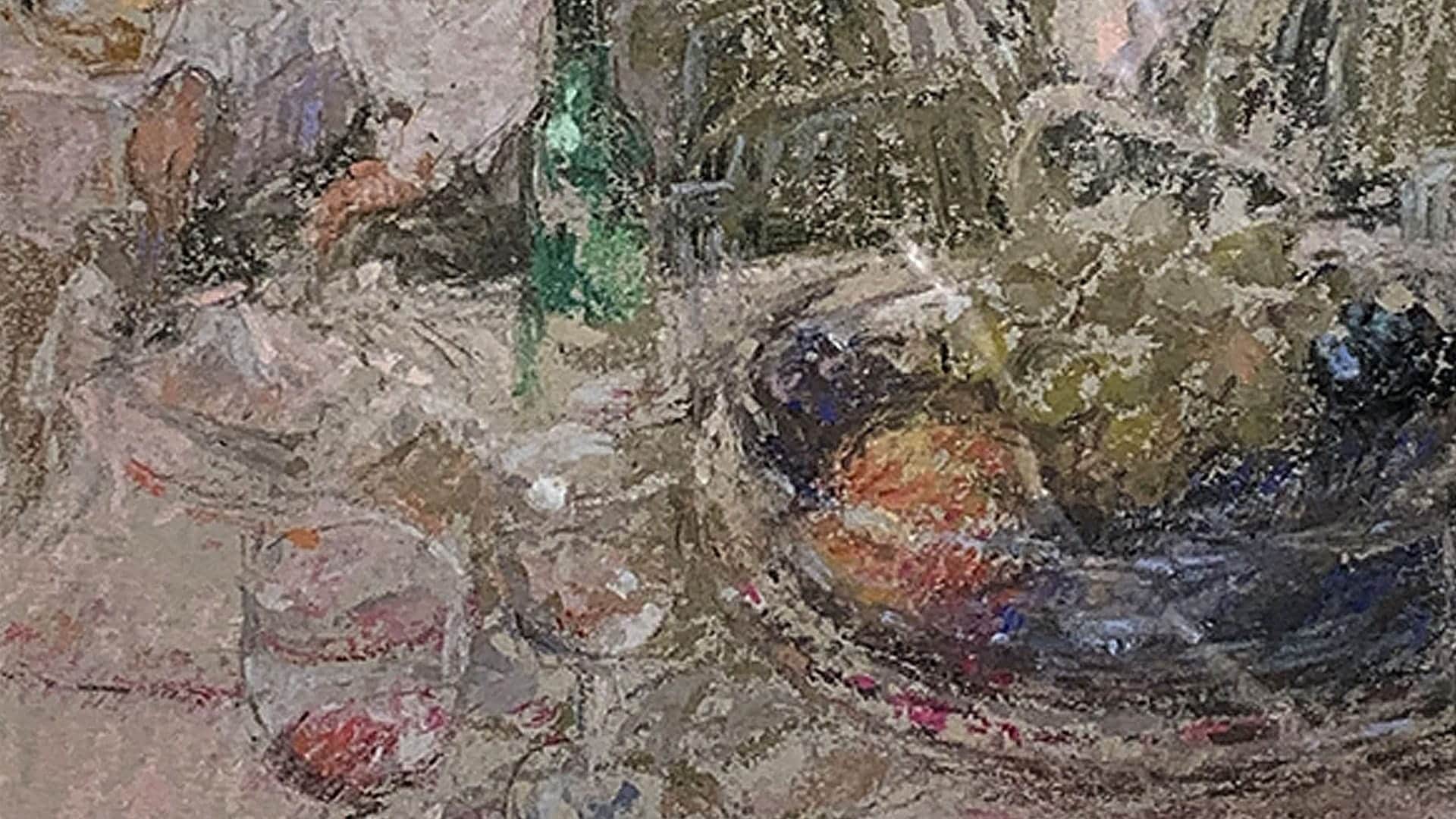 Impressionist still life painting with fruit bowl and green bottle
