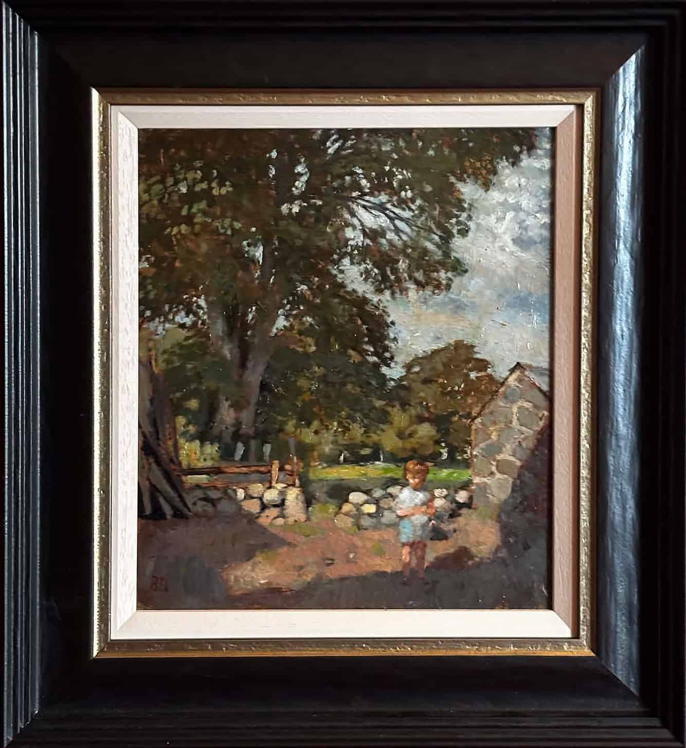 Framed oil painting of child near stone wall and trees