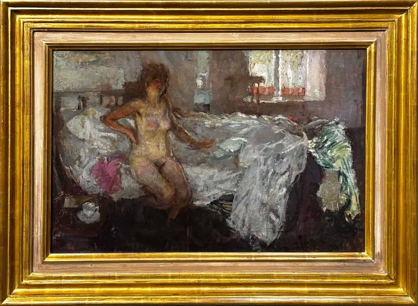 Impressionist oil painting of nude female figure beside unmade bed