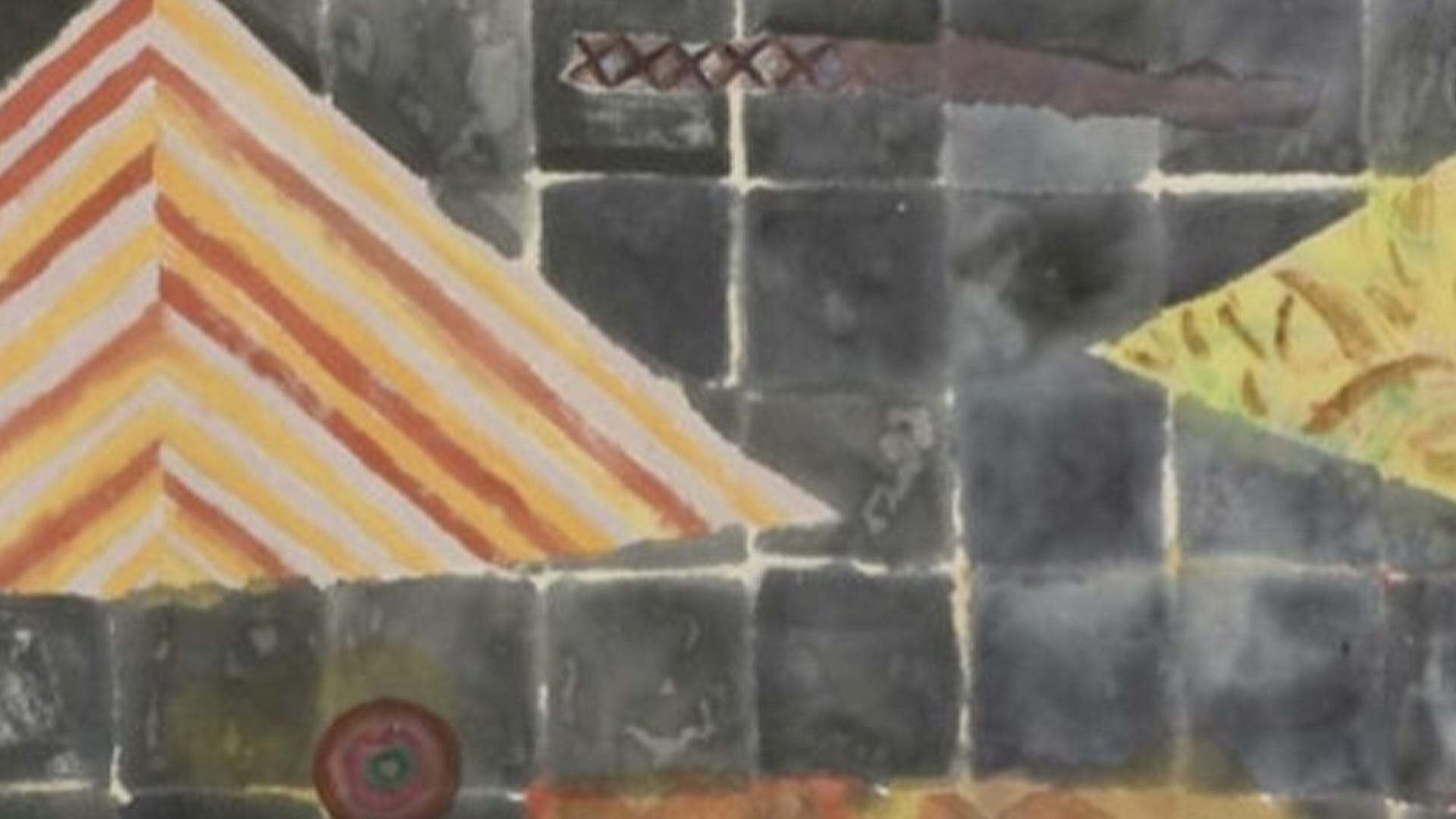 Abstract artwork with geometric shapes in yellow, red and grey