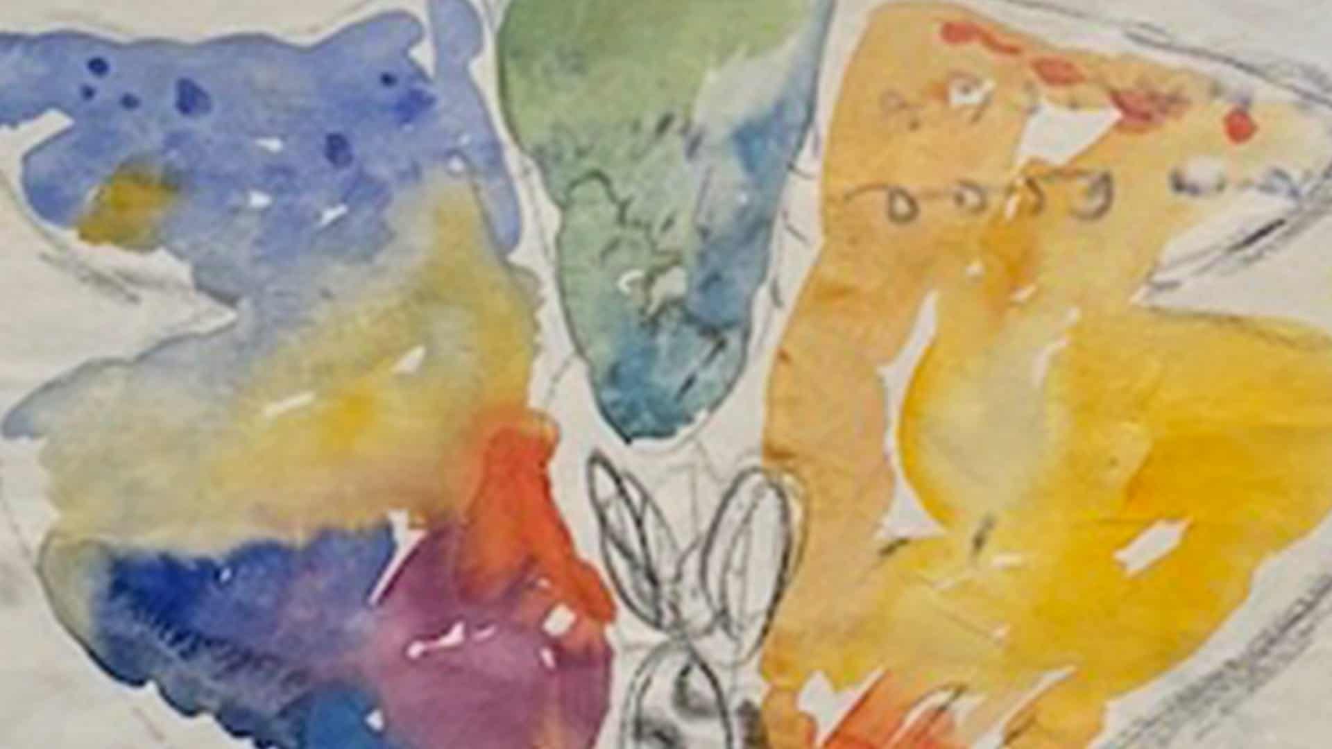 Colourful watercolour painting with abstract shapes and sketch outlines