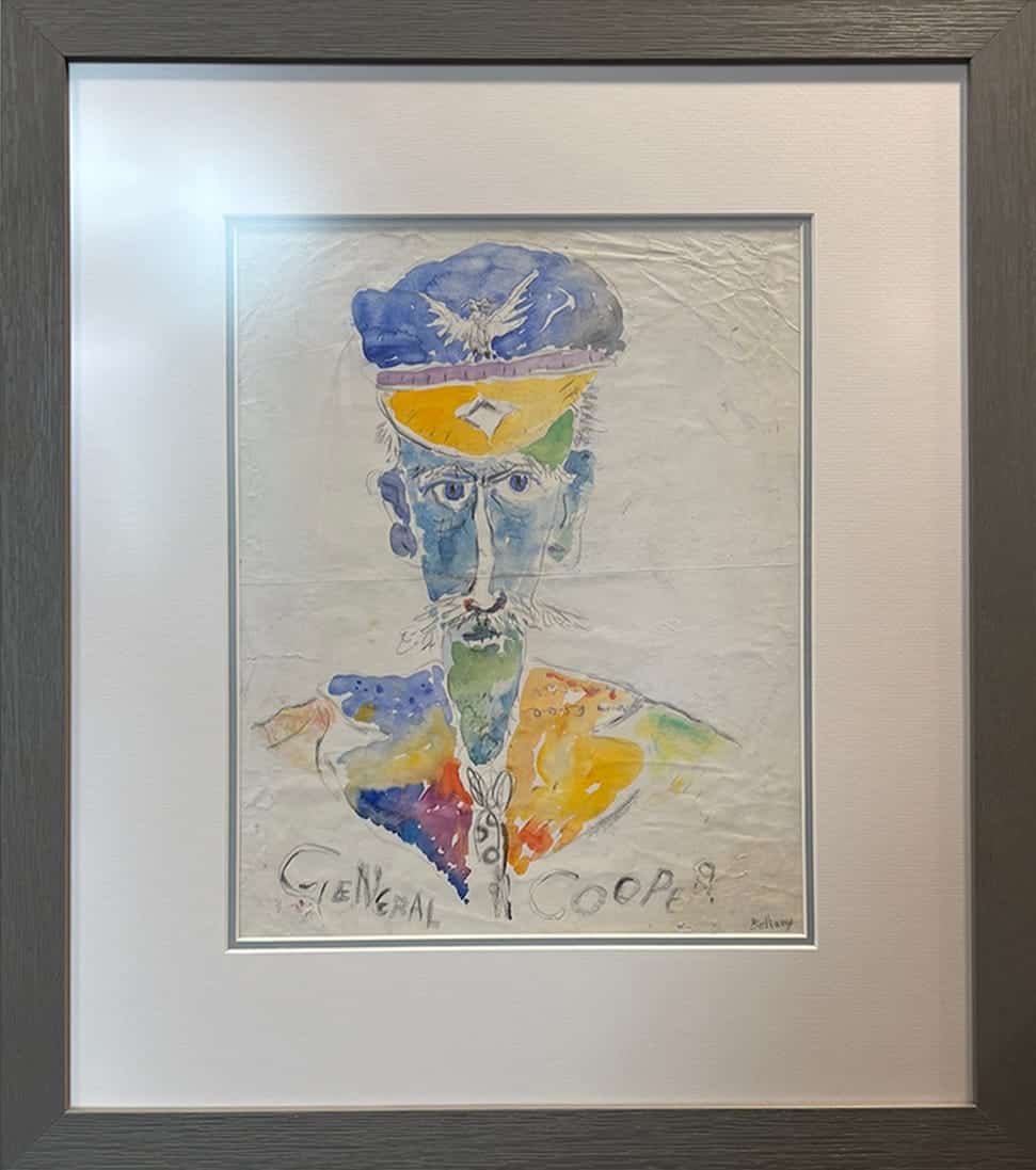 Framed watercolour portrait titled General Cooper by Bellany