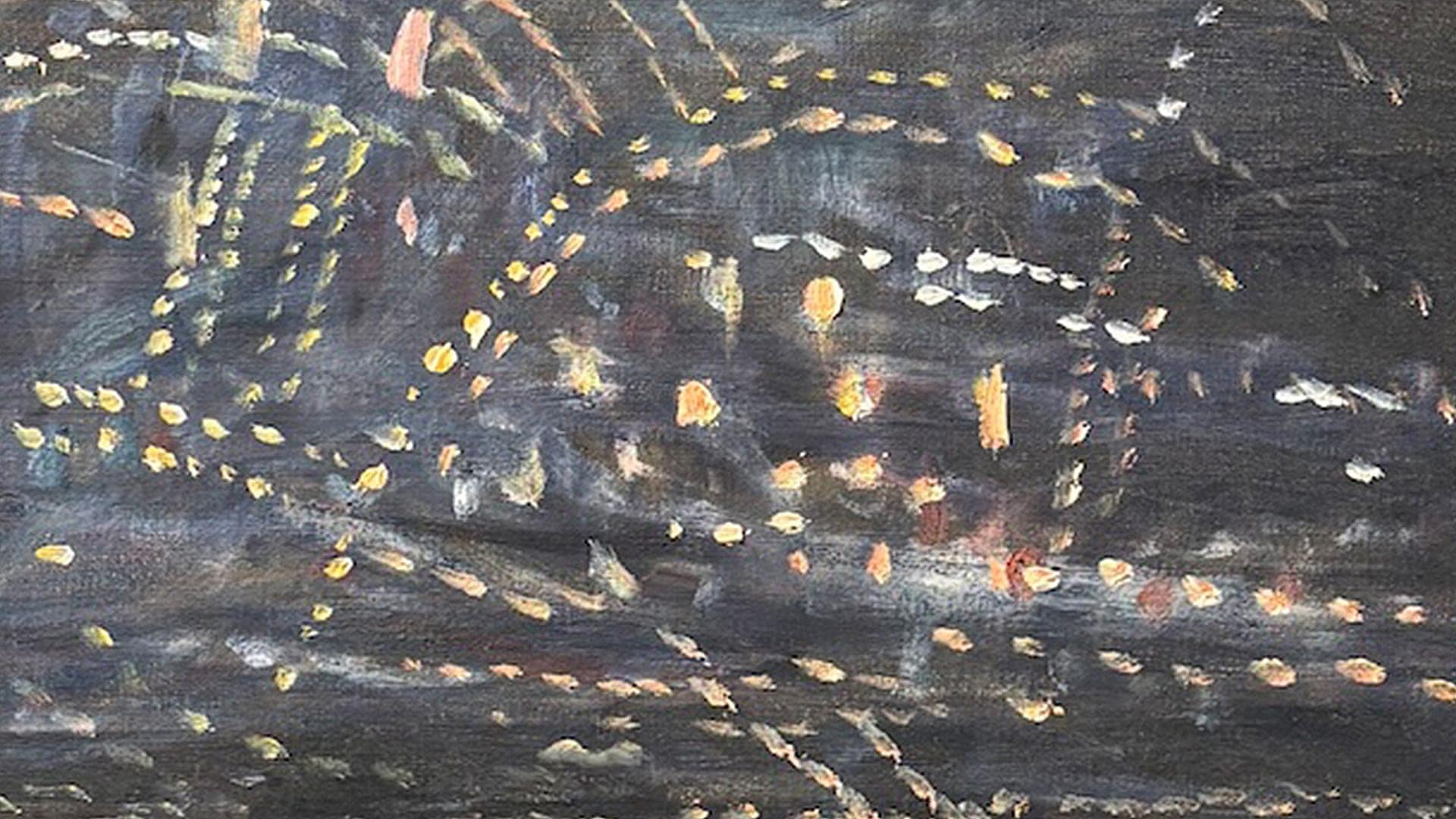 Abstract painting of autumn leaves swirling on dark background