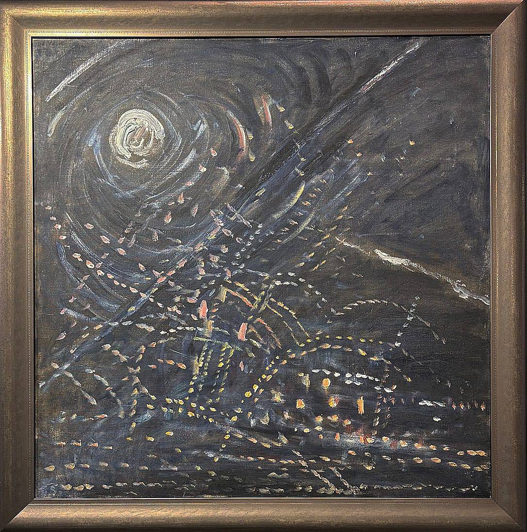 Abstract dark painting with swirling moon and scattered light dots