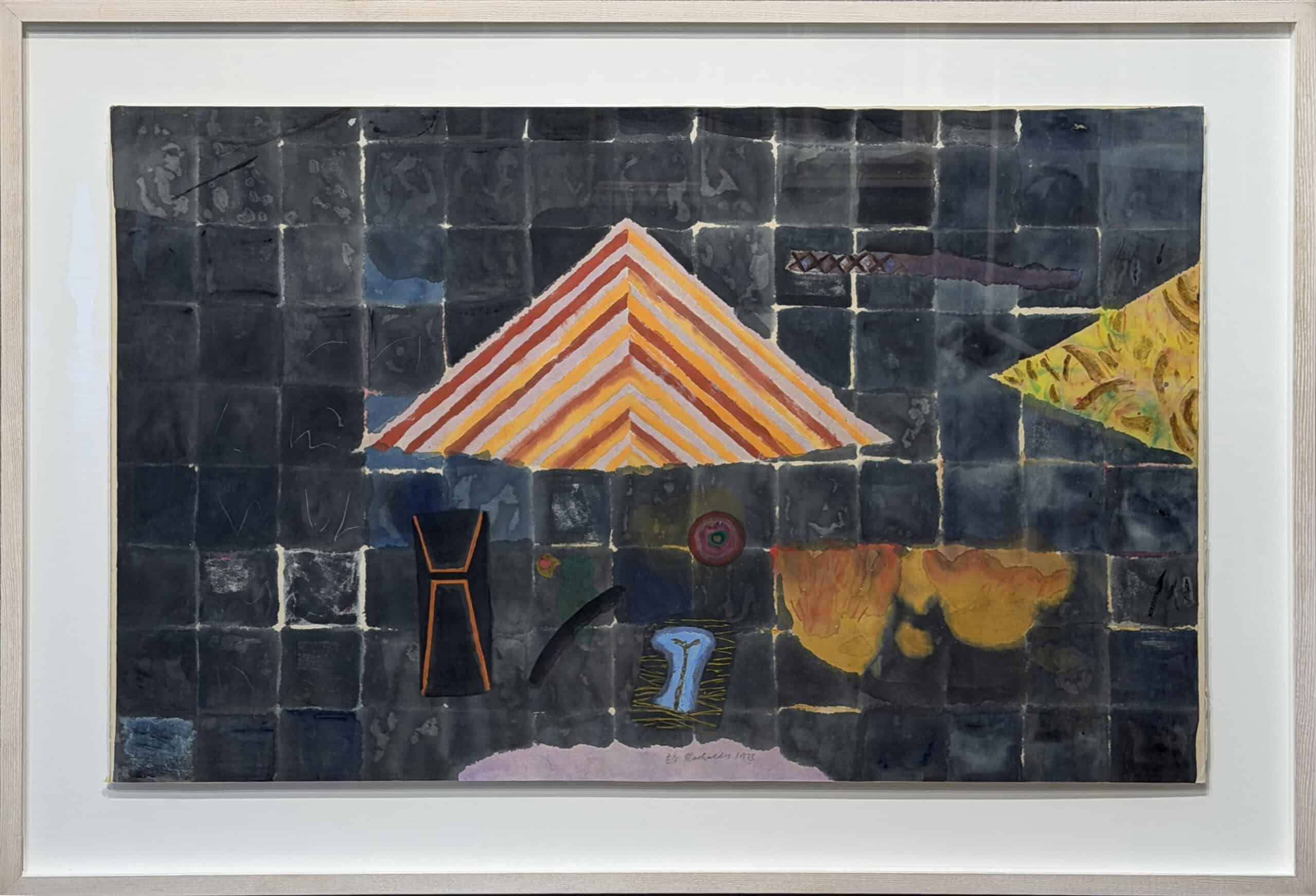 Abstract mixed media artwork with striped pyramid on dark grid