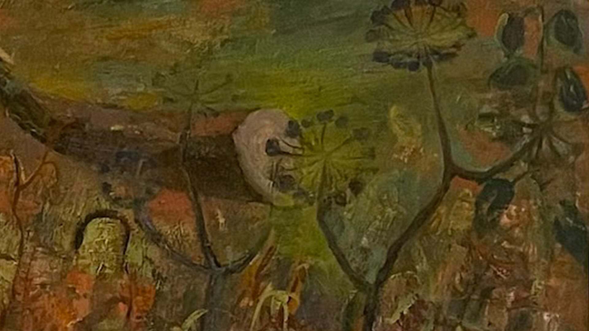 Close-up oil painting of poppy seed heads and wildflowers