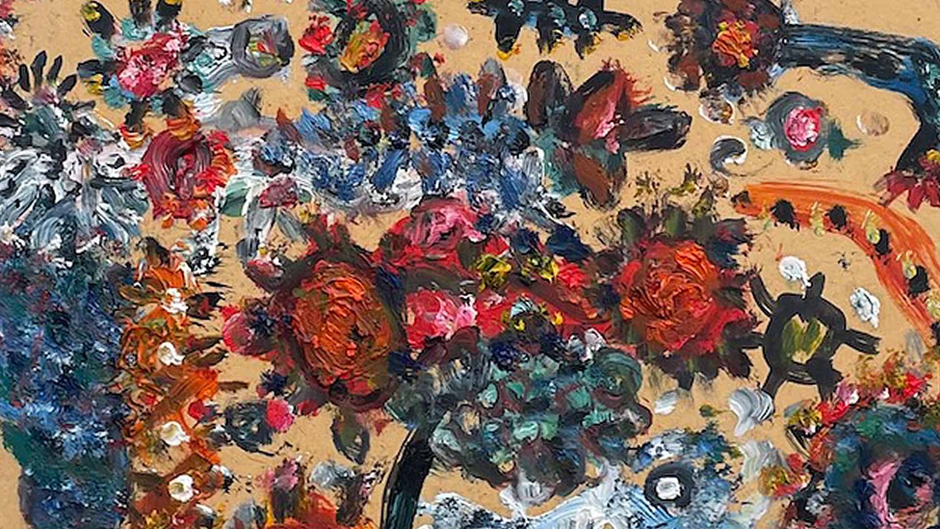 Vibrant abstract floral oil painting with bold expressive brushstrokes