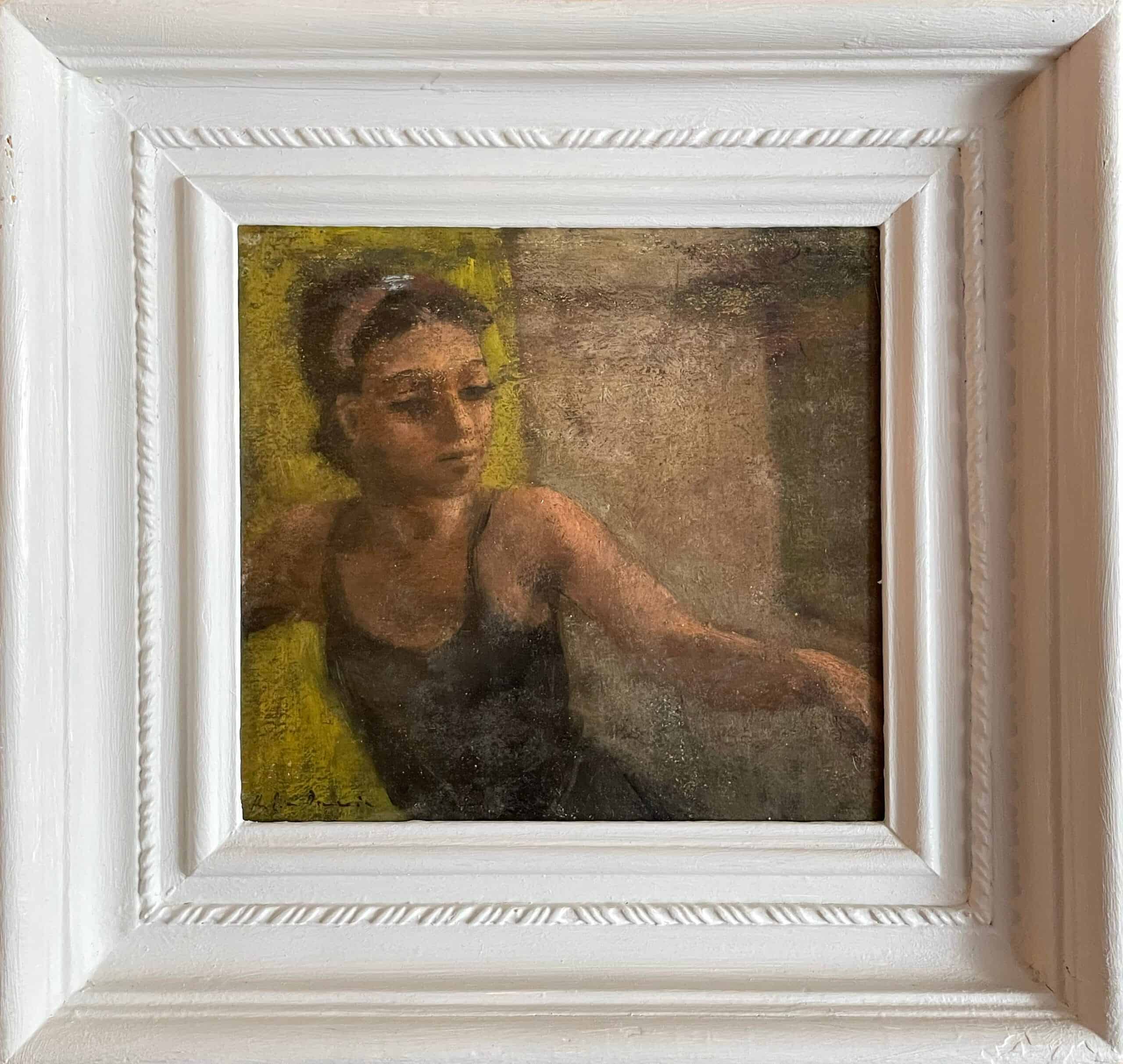 Small framed oil painting of a seated woman in dark dress