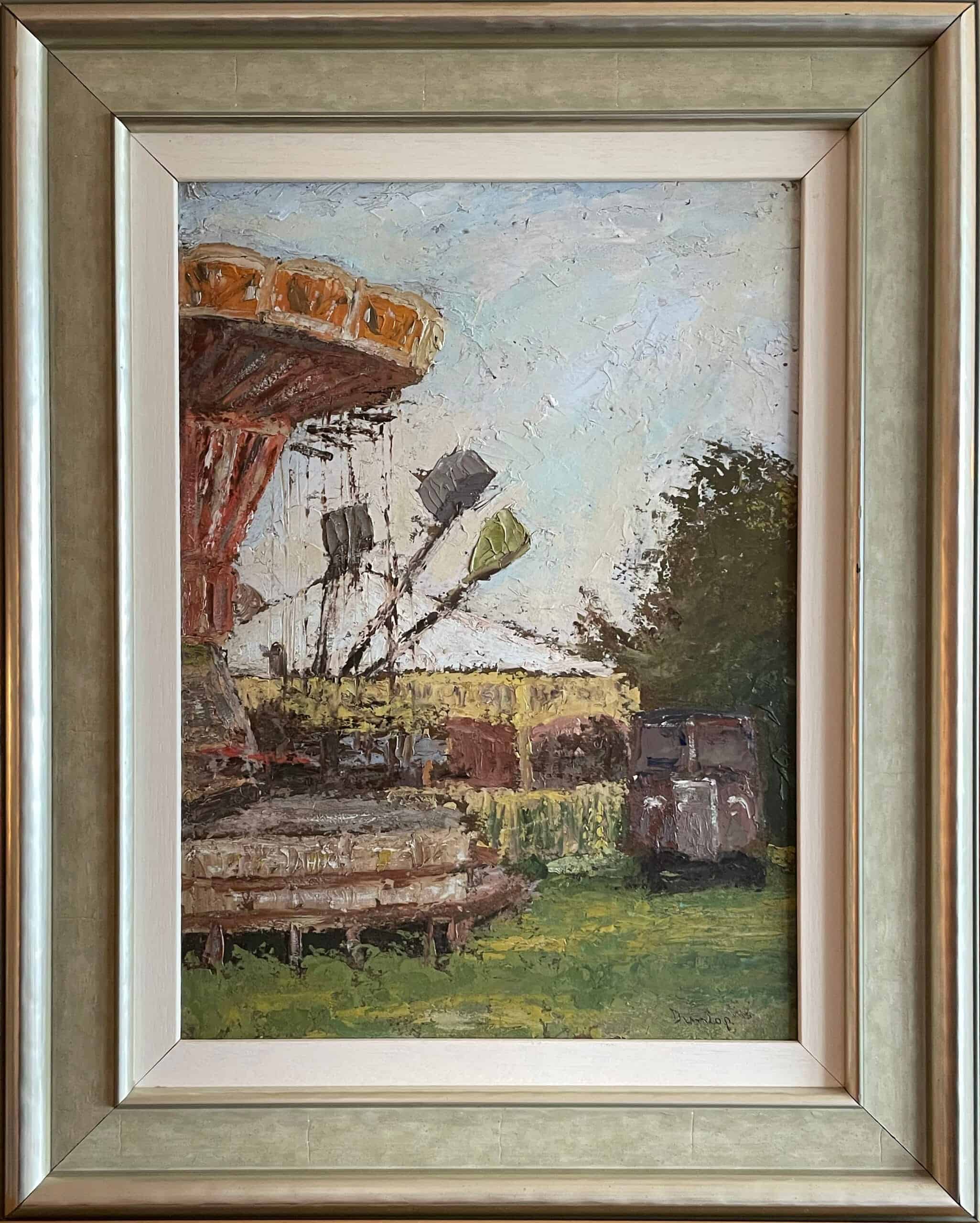 Oil painting of a fairground carousel at rest outdoors