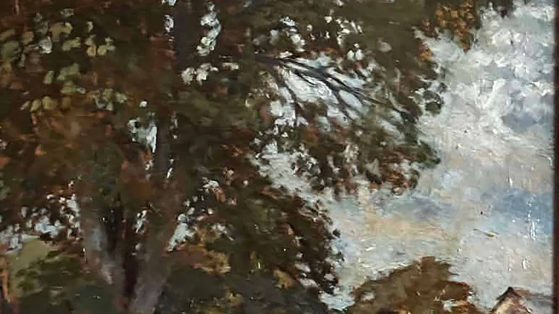 Impressionist oil painting of trees and cloudy sky