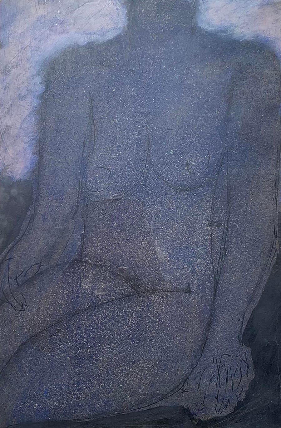 Abstract figurative artwork of seated nude figure in blue tones