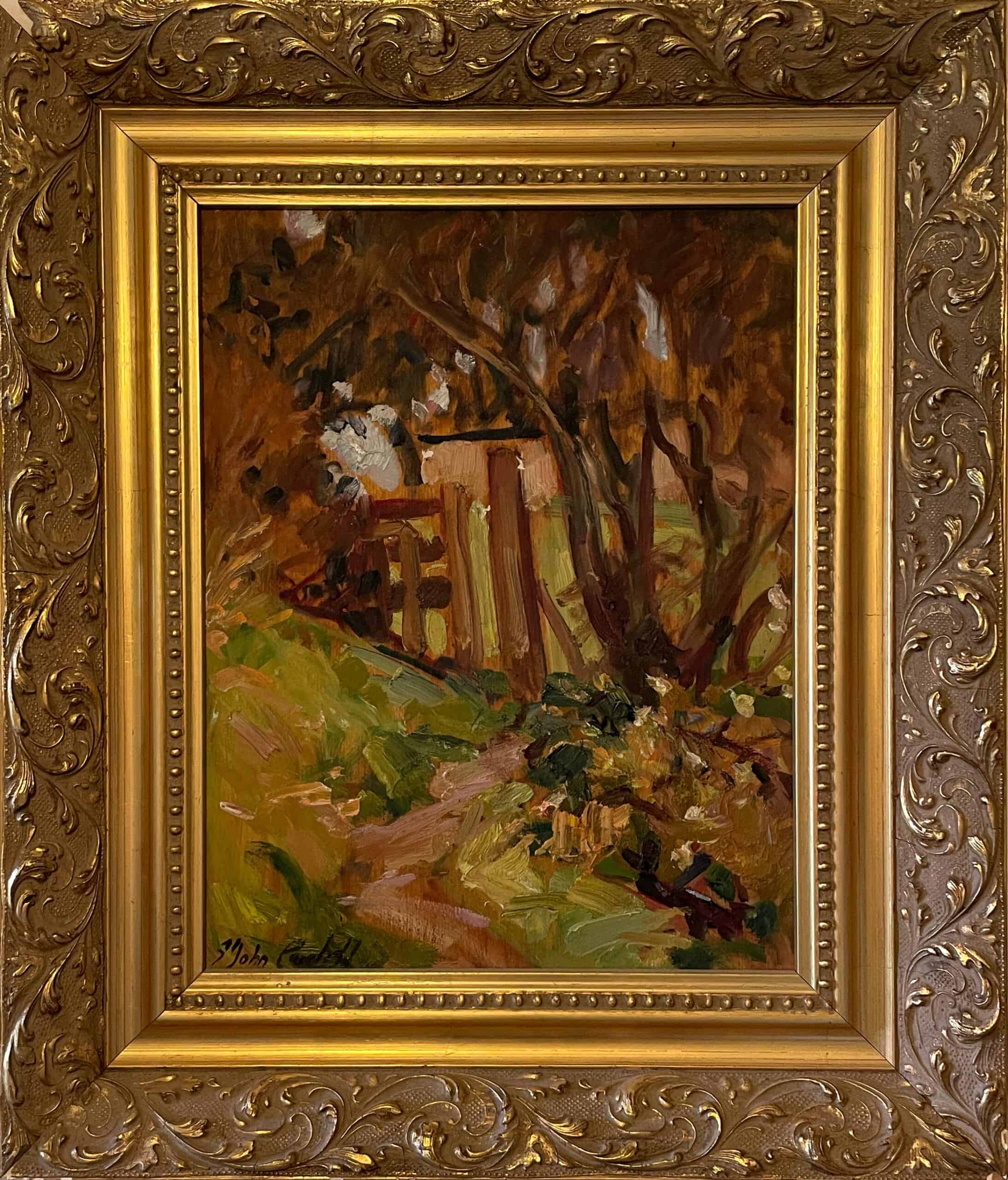 Impressionist oil painting of woodland path with rustic gate