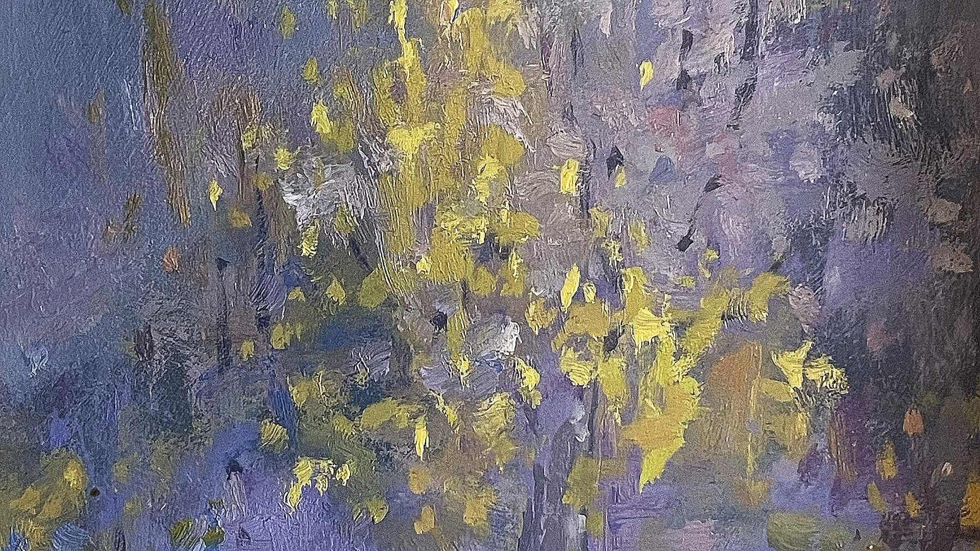 Impressionist oil painting of autumn trees in blue and yellow