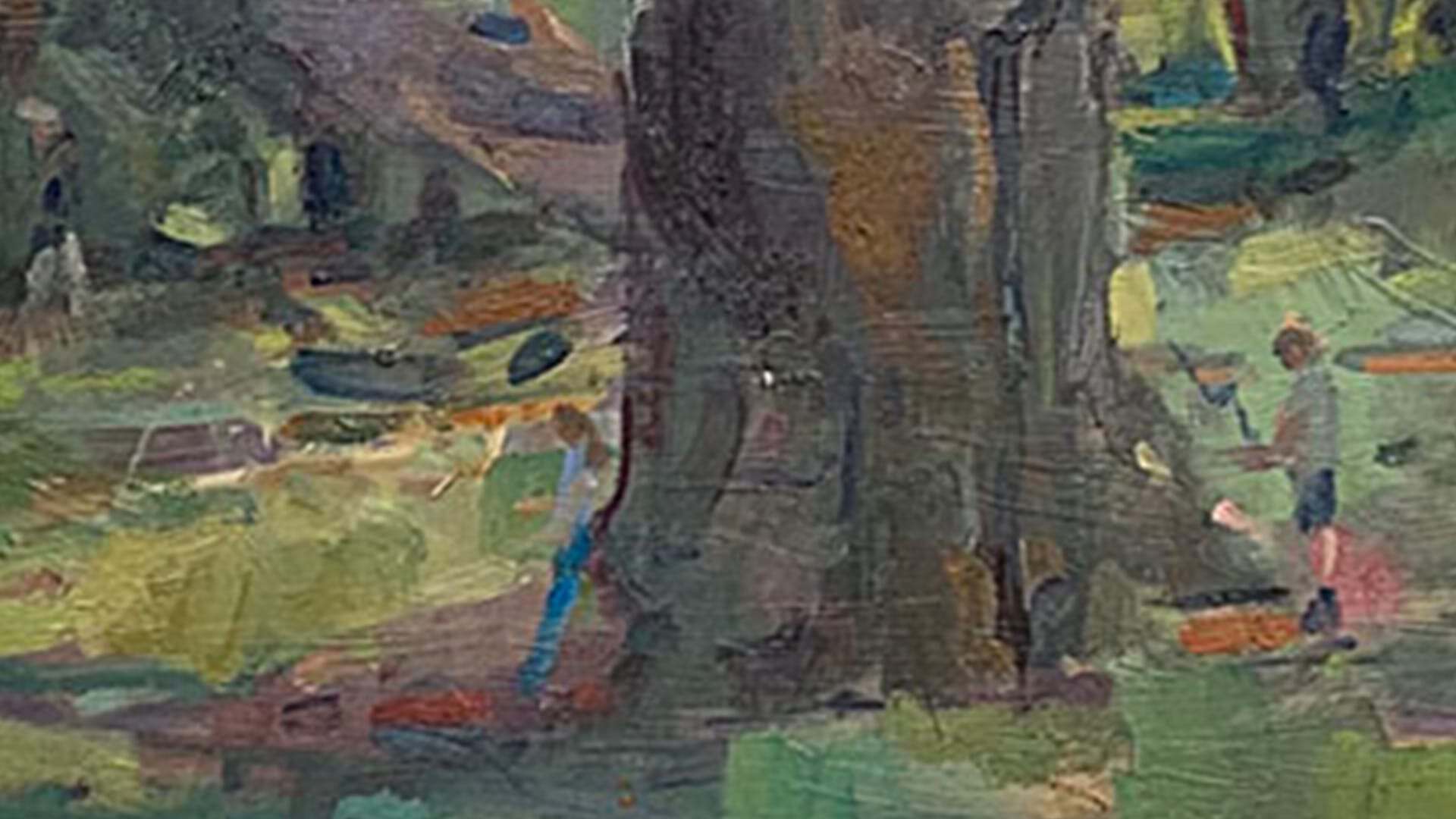 Impressionist oil painting of figures among woodland trees