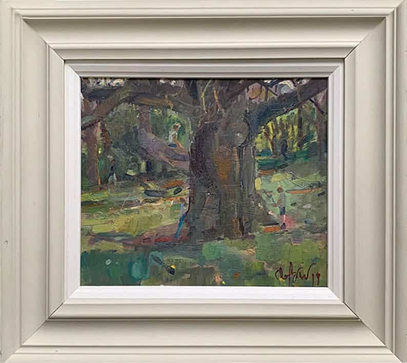 Framed oil painting of figures among ancient woodland trees