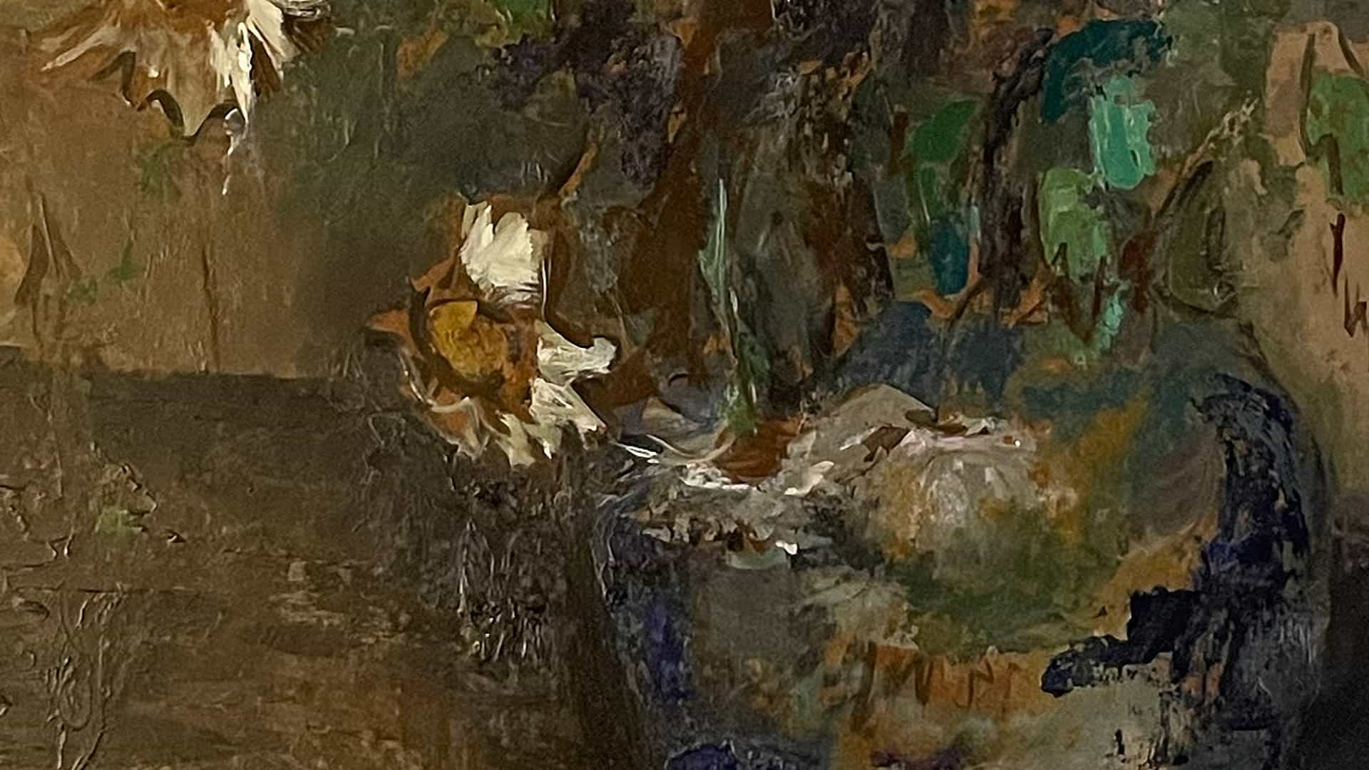 Dark impressionist oil painting with earthy tones and foliage