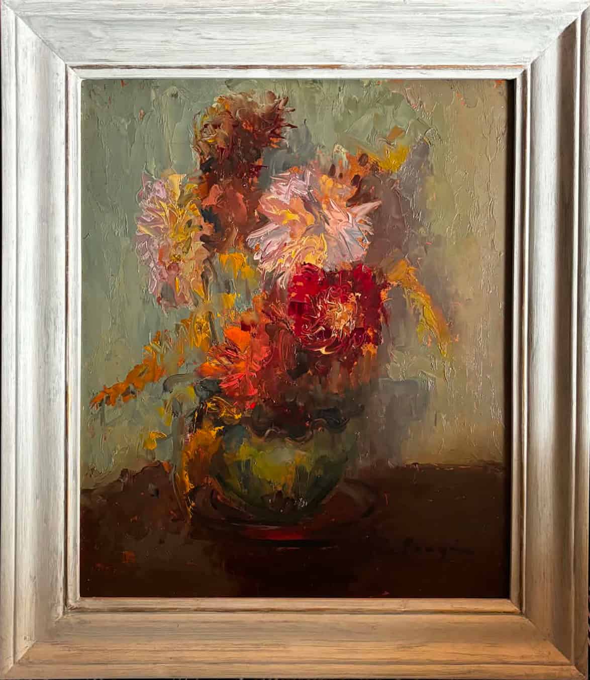 Impressionist oil painting of colourful flowers in green vase