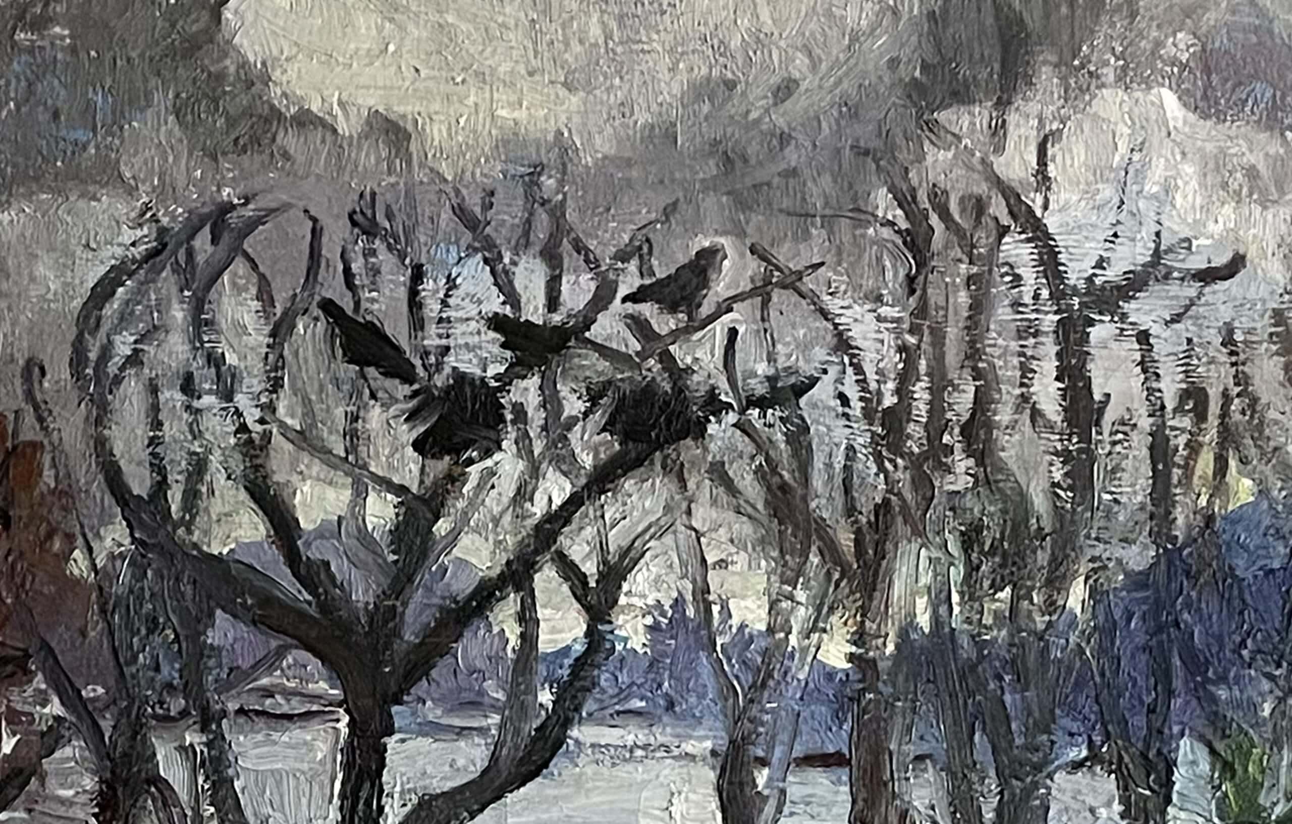 Impressionist oil painting of crows perched in bare winter trees