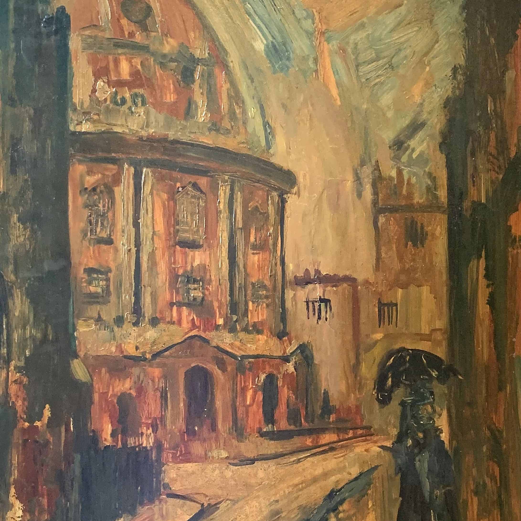 Oil painting of Oxford's Radcliffe Camera on a rainy day