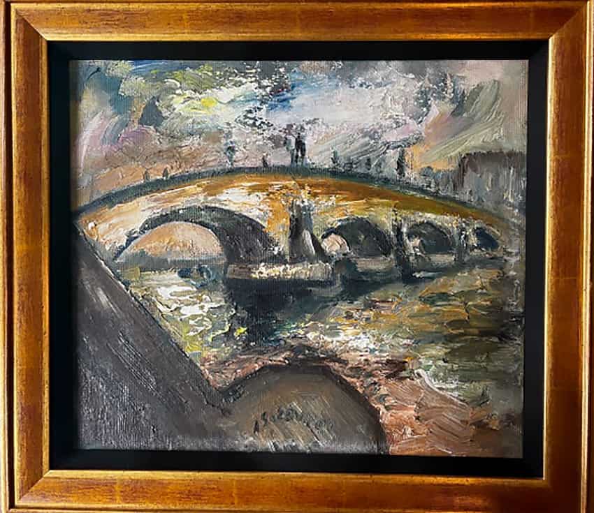 Impressionist oil painting of a stone bridge over a river