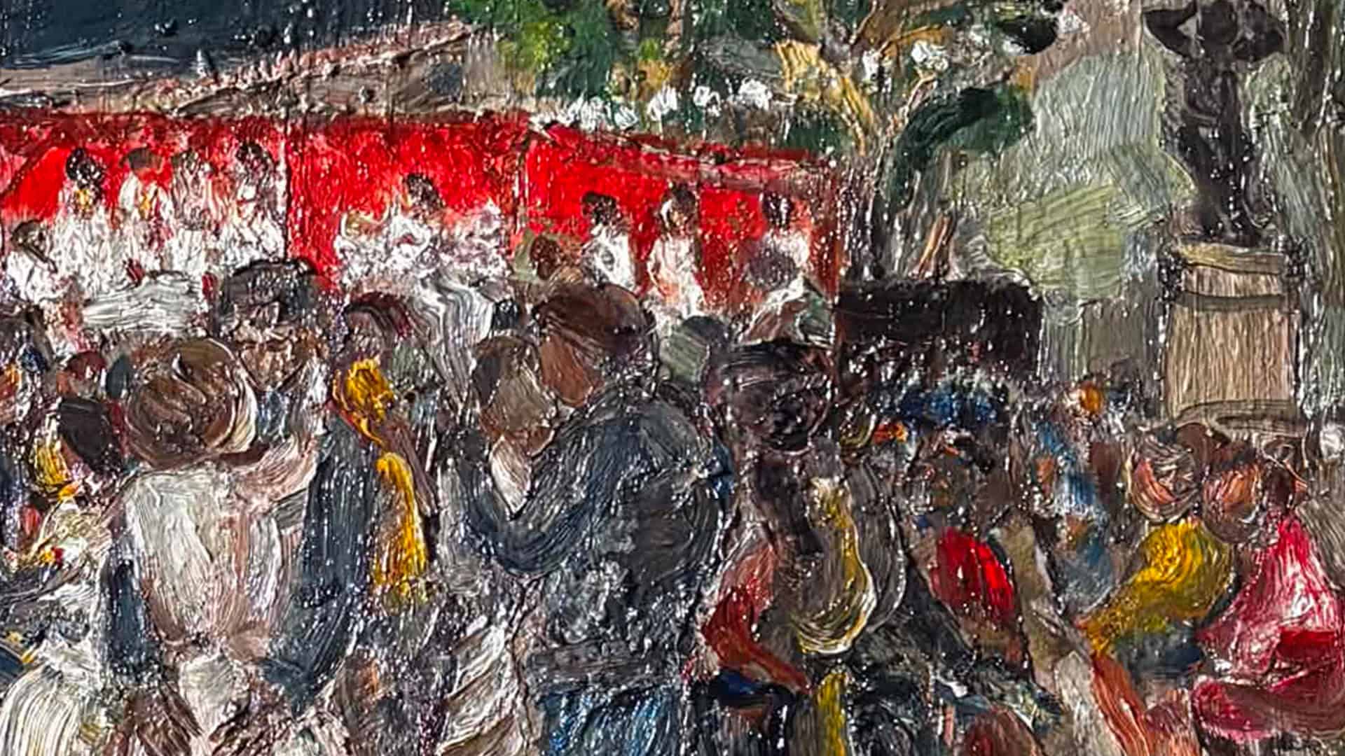 Impressionist oil painting of a bustling crowd at outdoor market