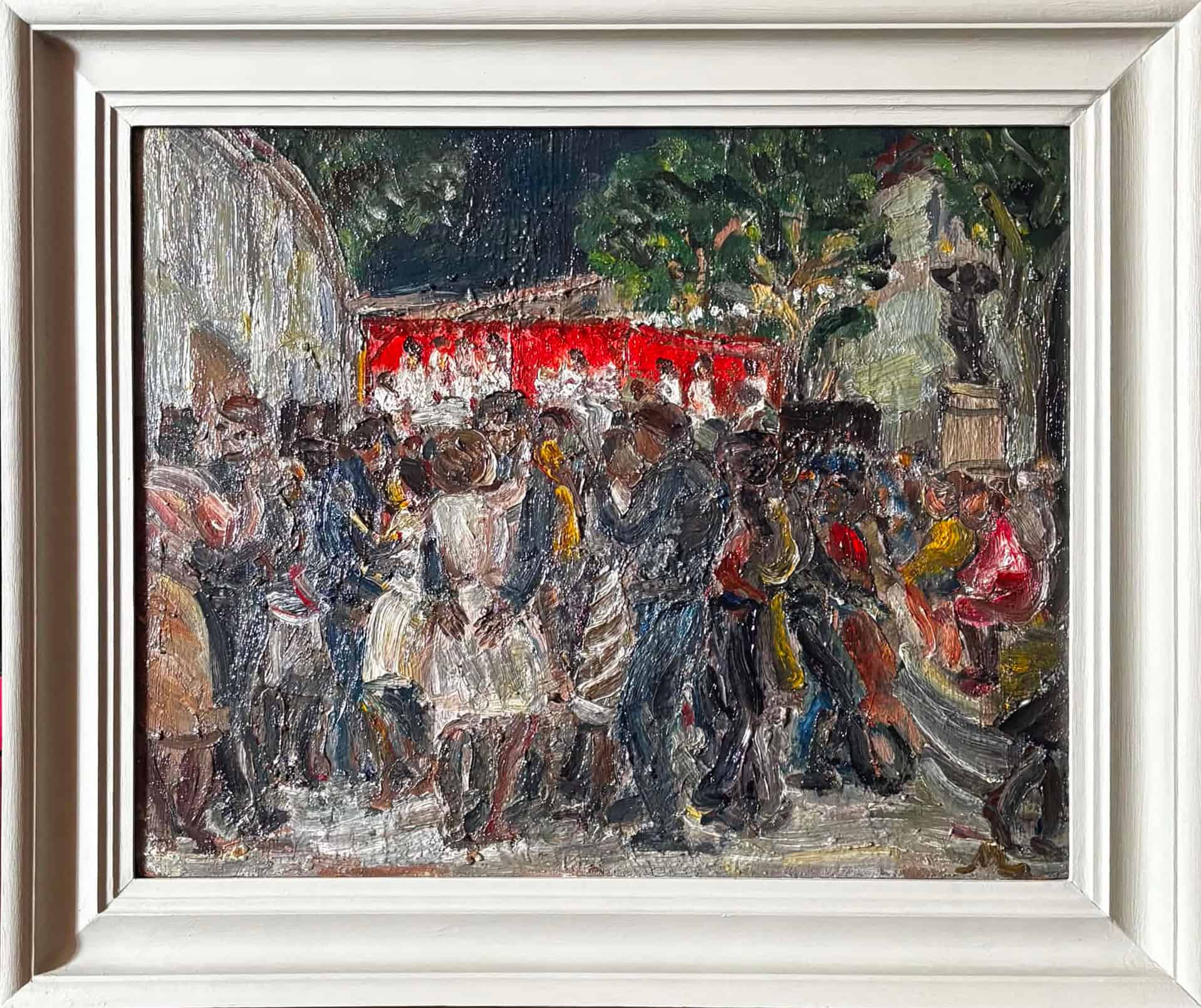 Impressionist oil painting of a lively outdoor street gathering