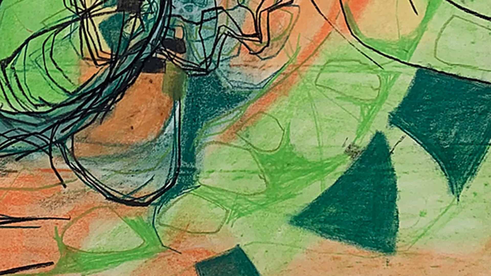 Vibrant abstract artwork with green, teal, and orange shapes