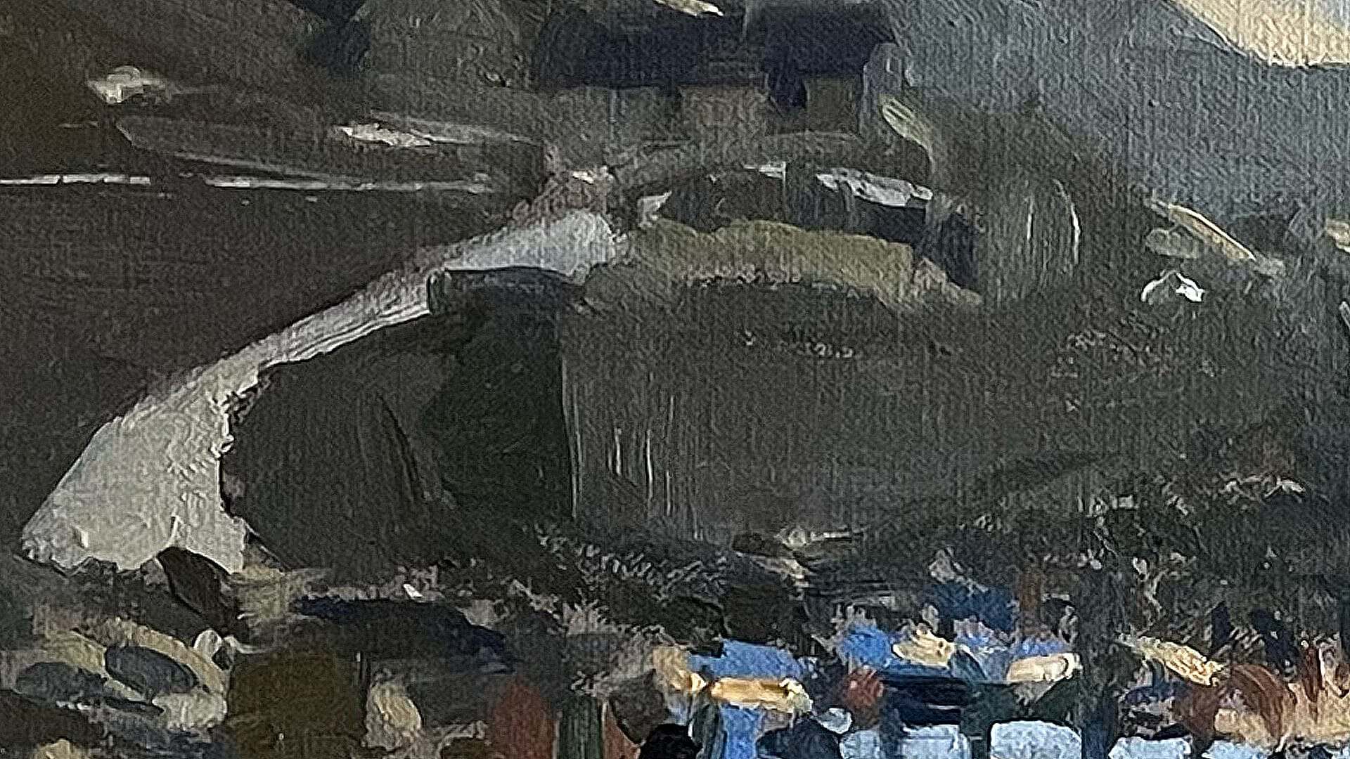 Dark dramatic oil painting of industrial or battle scene