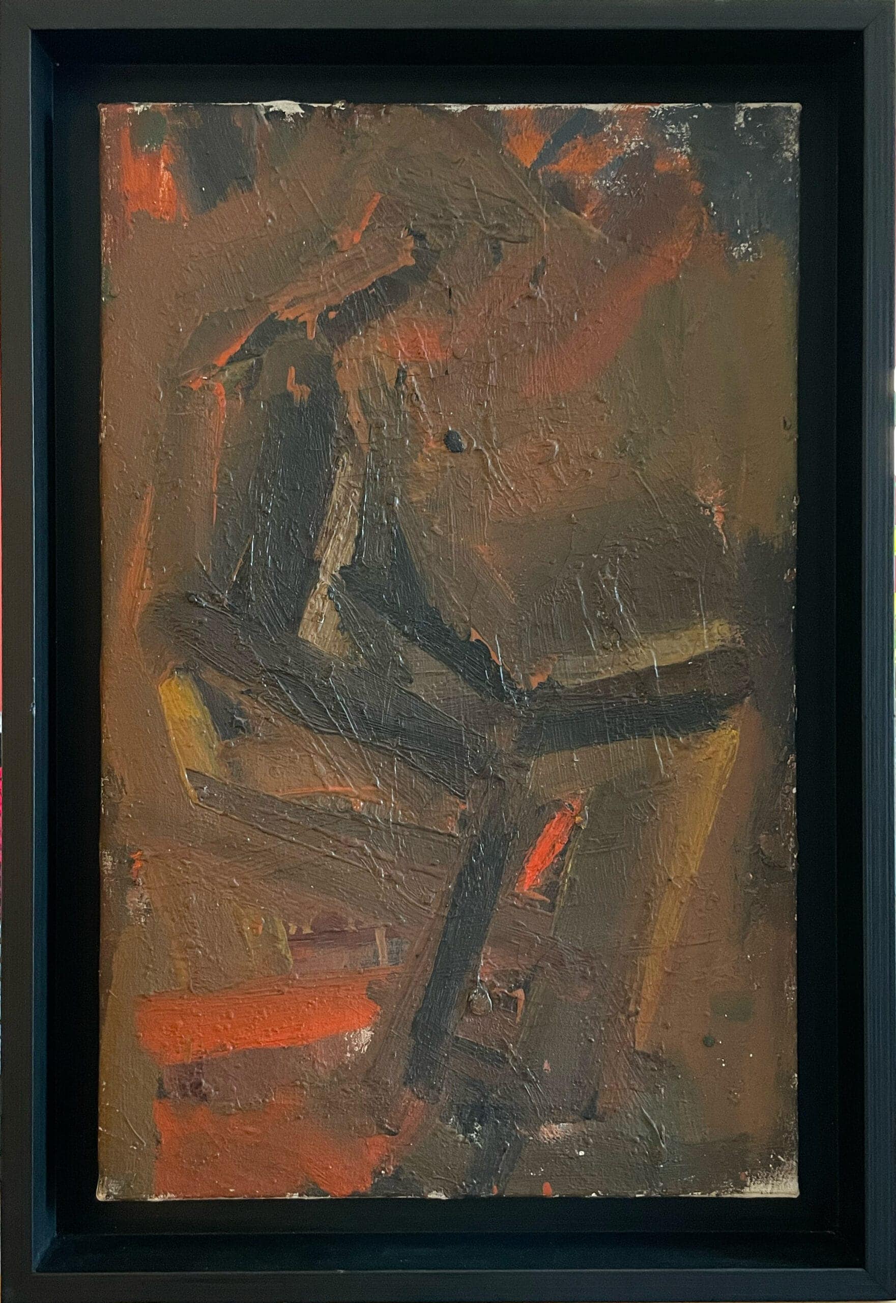 Abstract expressionist oil painting in dark earthy tones