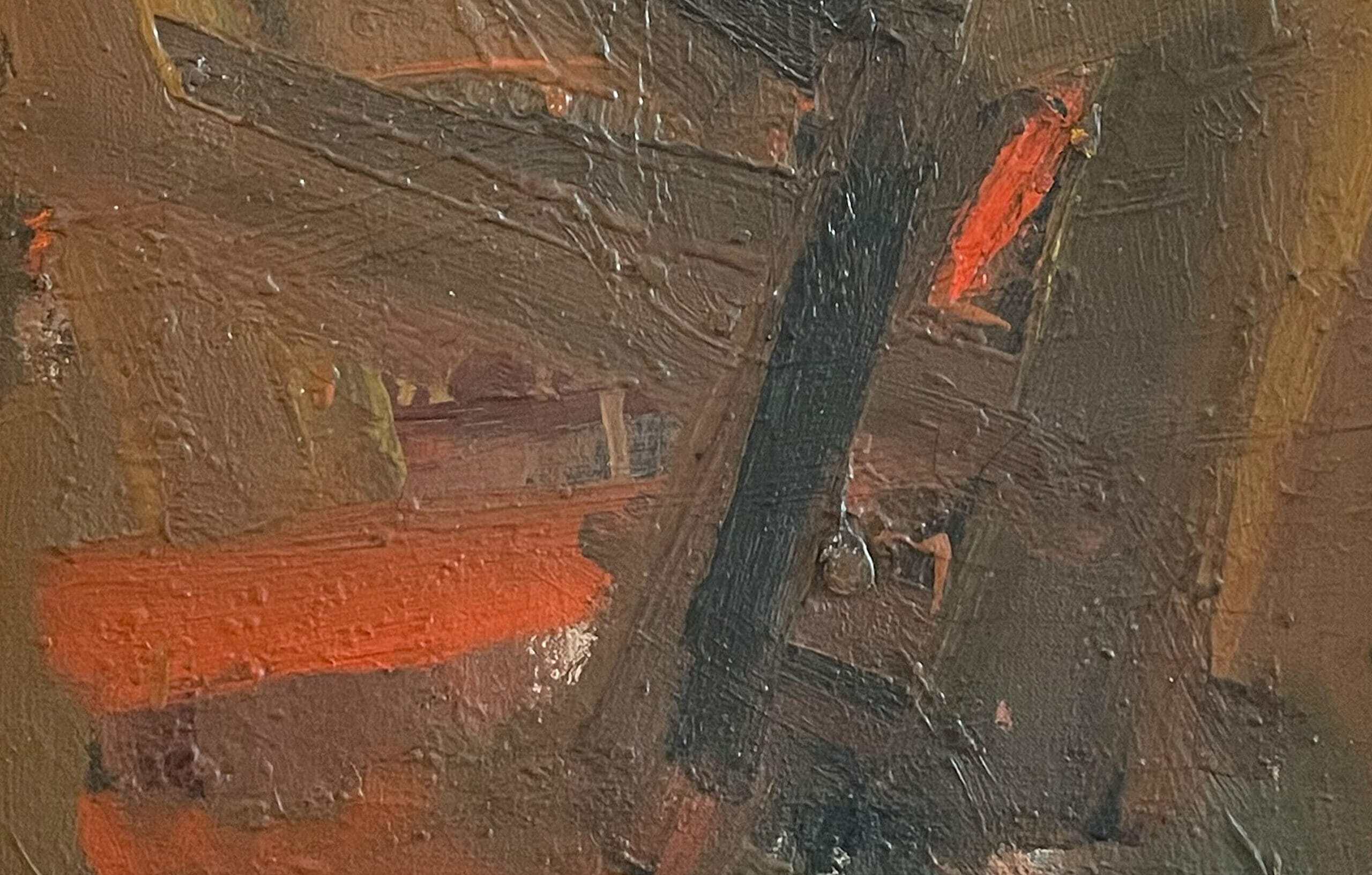 Abstract oil painting with bold orange and dark brown strokes