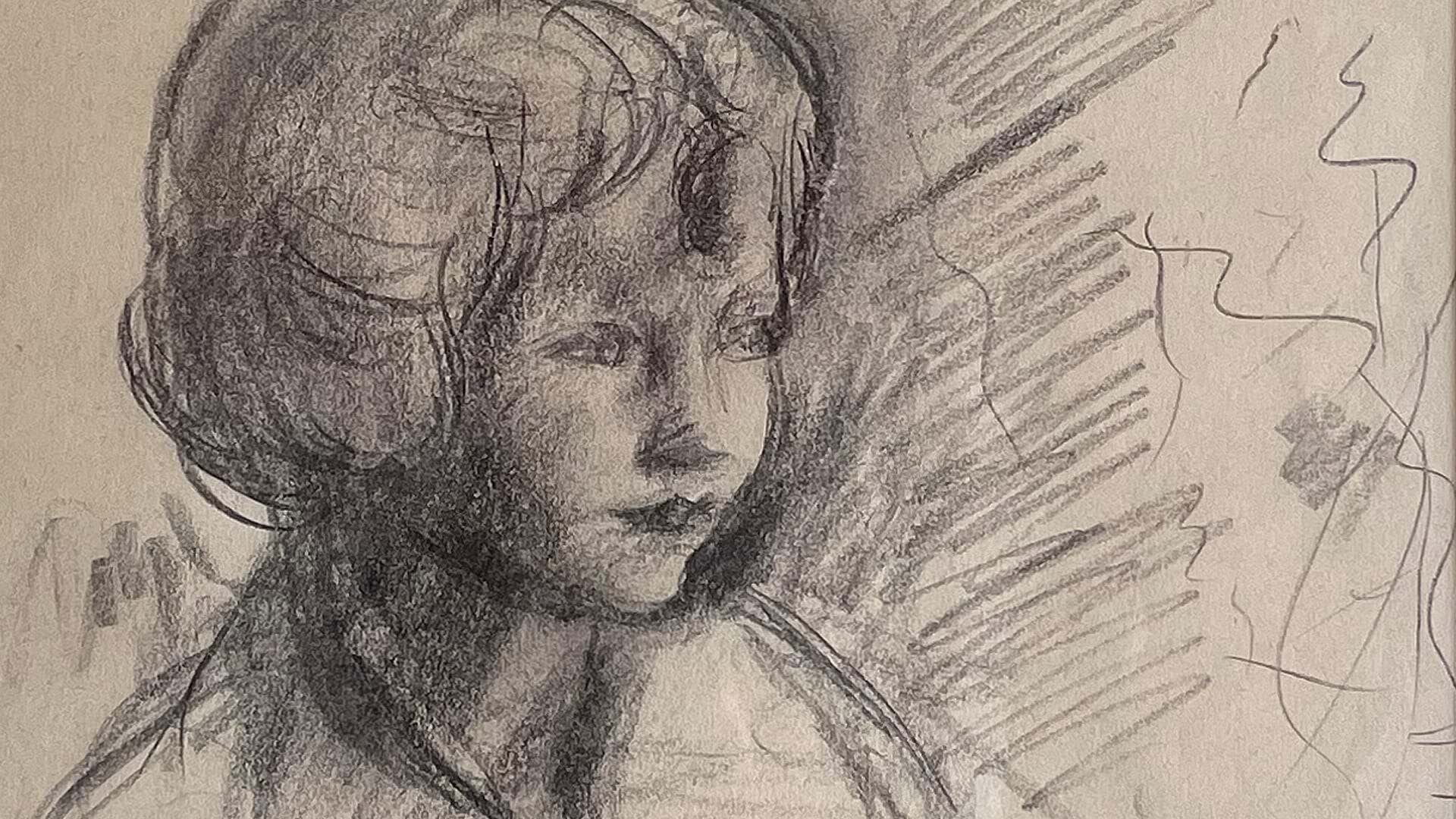 Charcoal sketch portrait of a young woman looking down