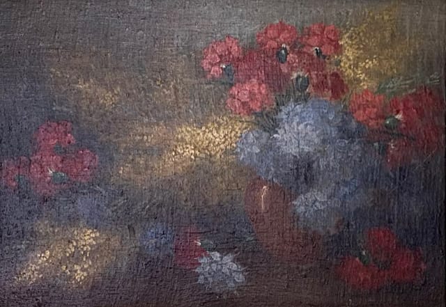 Dark oil painting of red and blue flowers
