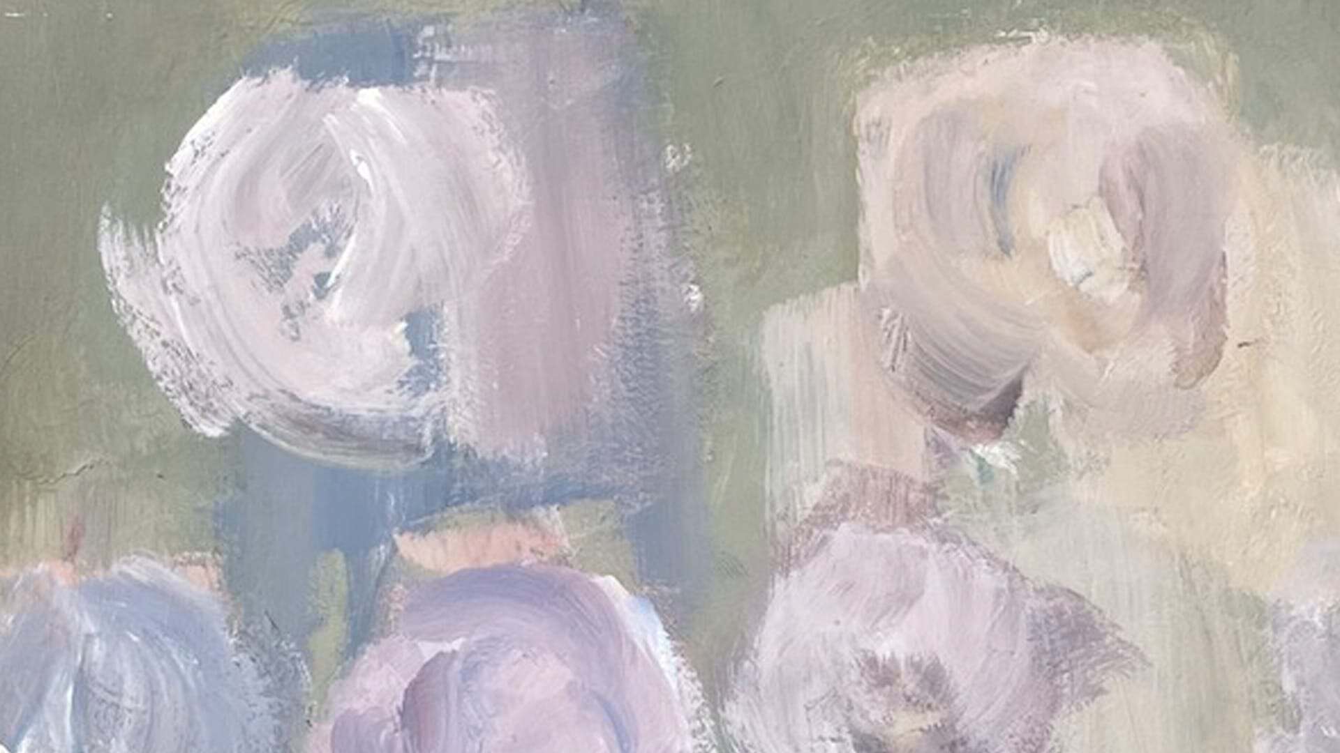 Impressionist oil painting of pale roses on green background