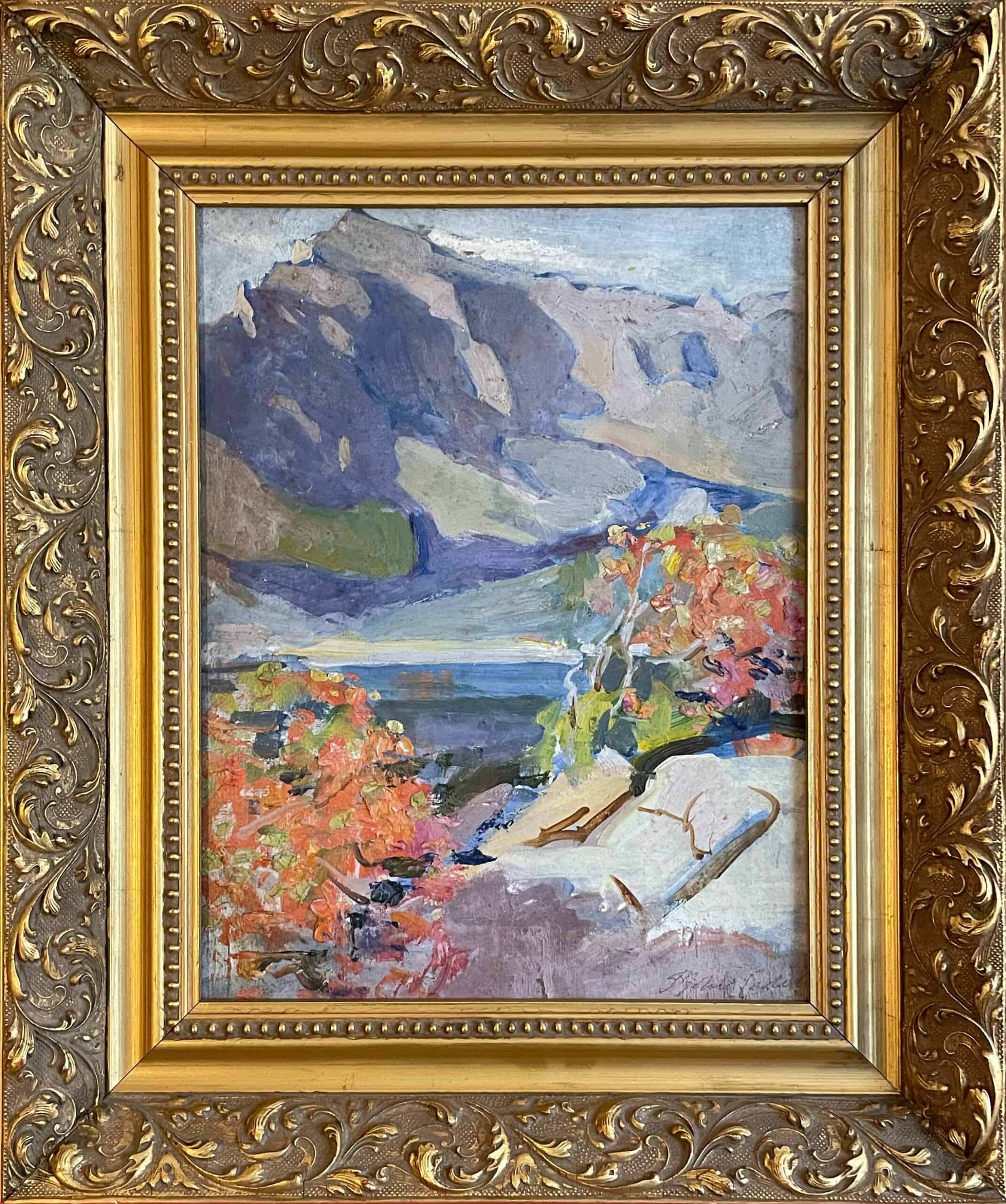 Impressionist oil painting of mountain landscape with autumn foliage