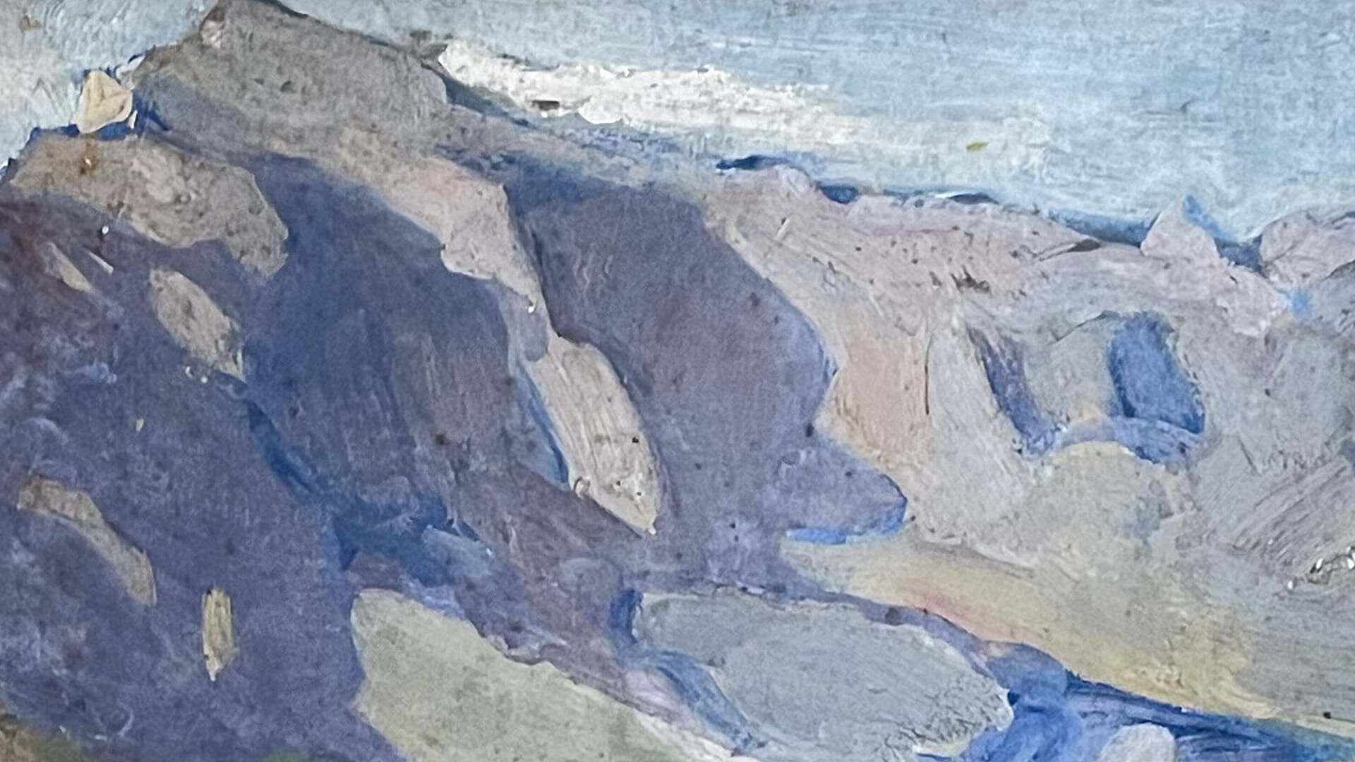Close-up detail of oil painting depicting rocky mountain terrain