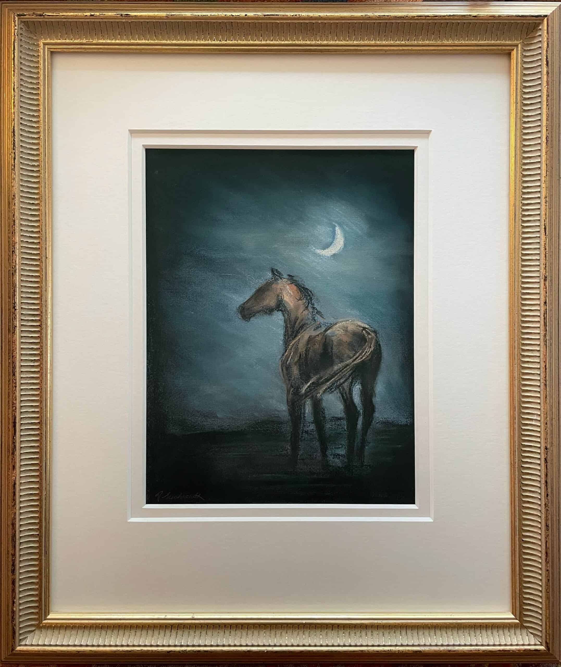 Framed painting of a lone horse under crescent moon