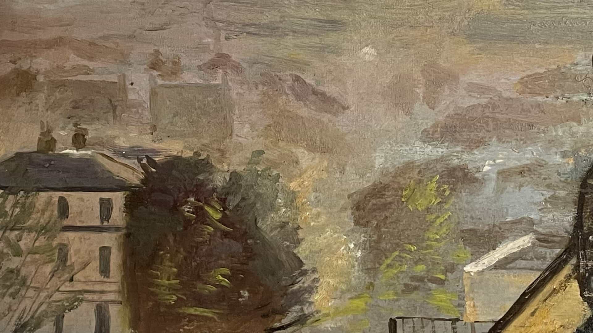 Impressionist oil painting of townscape with buildings and trees