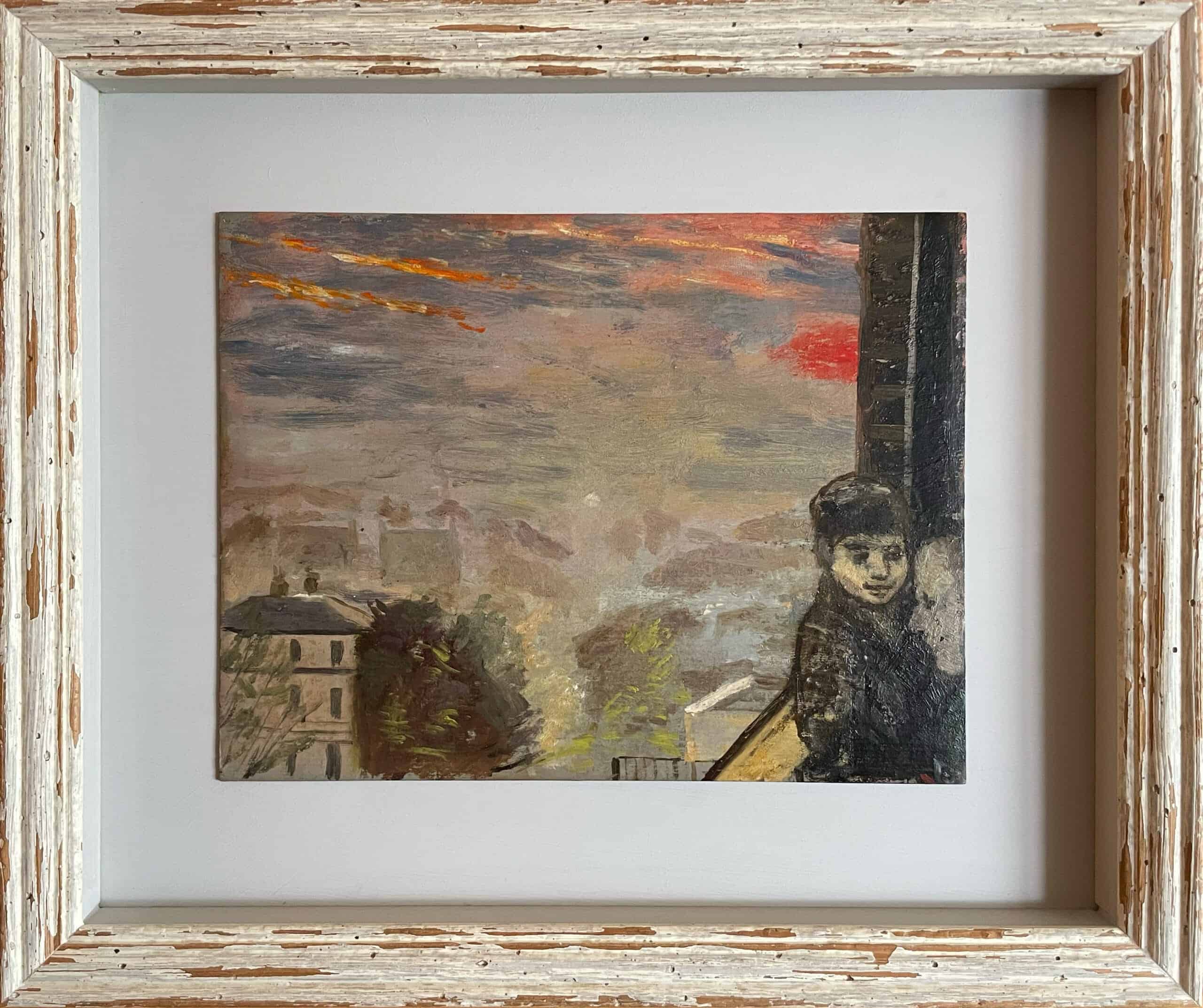 Framed oil painting of child overlooking city at sunset