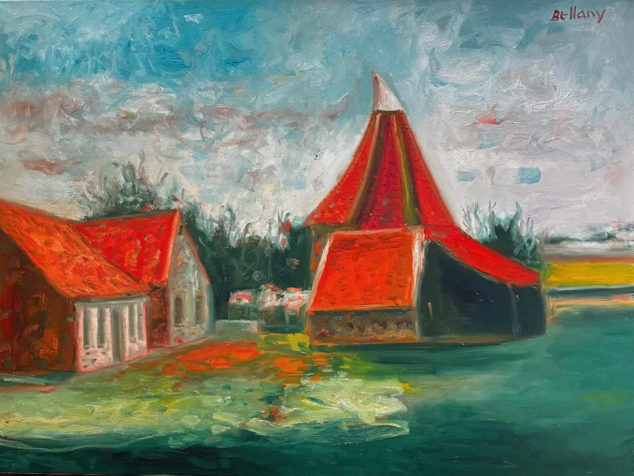 Bellany oil painting of buildings with vivid red rooftops