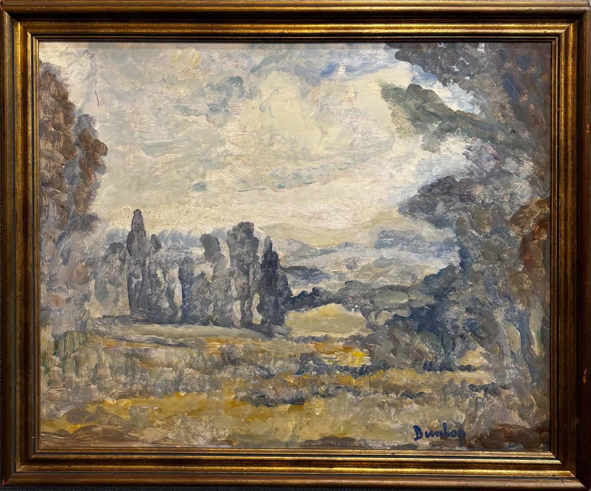 Impressionist oil painting of rural landscape with trees by Dunbar