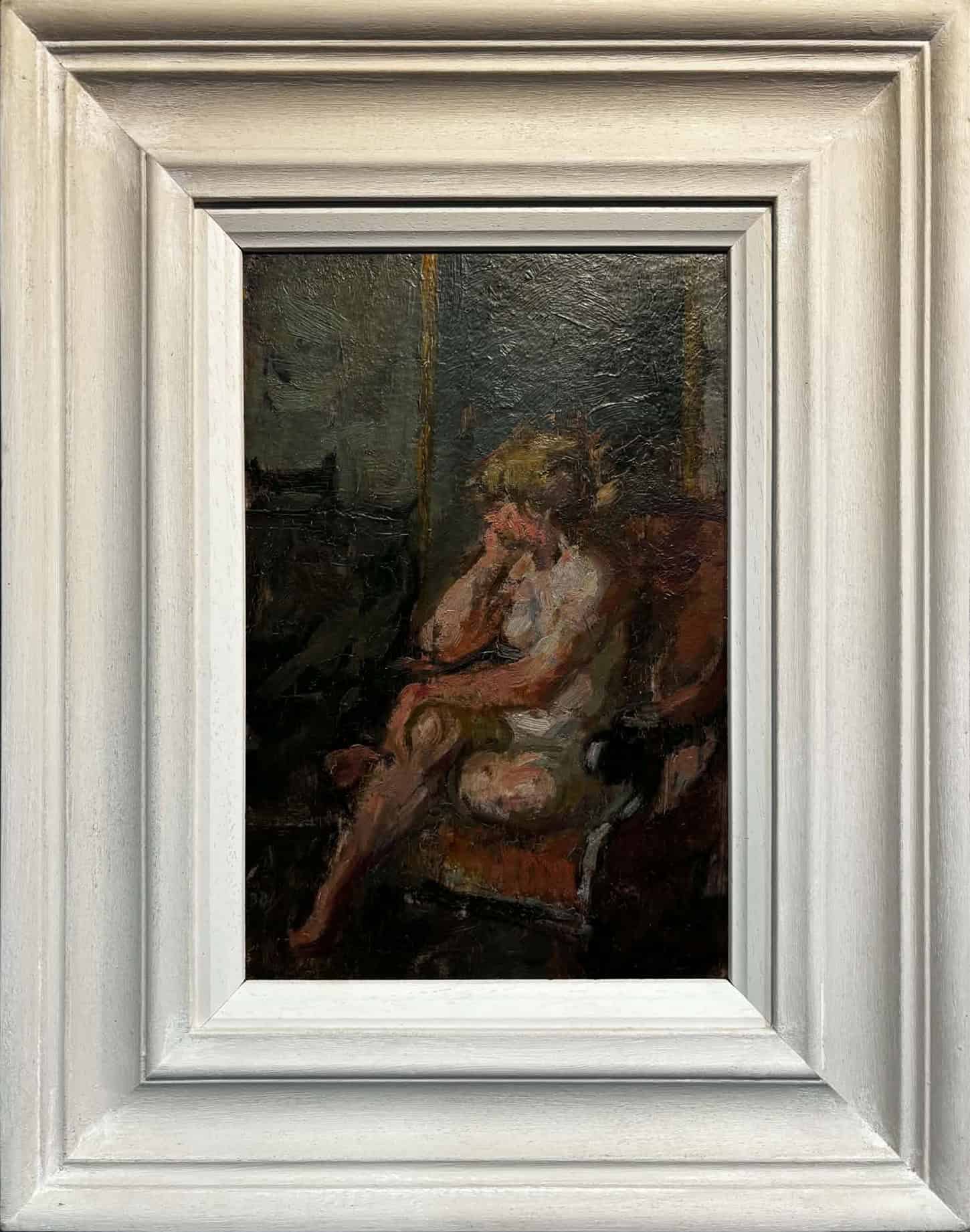 Small oil painting of seated nude figure in white frame