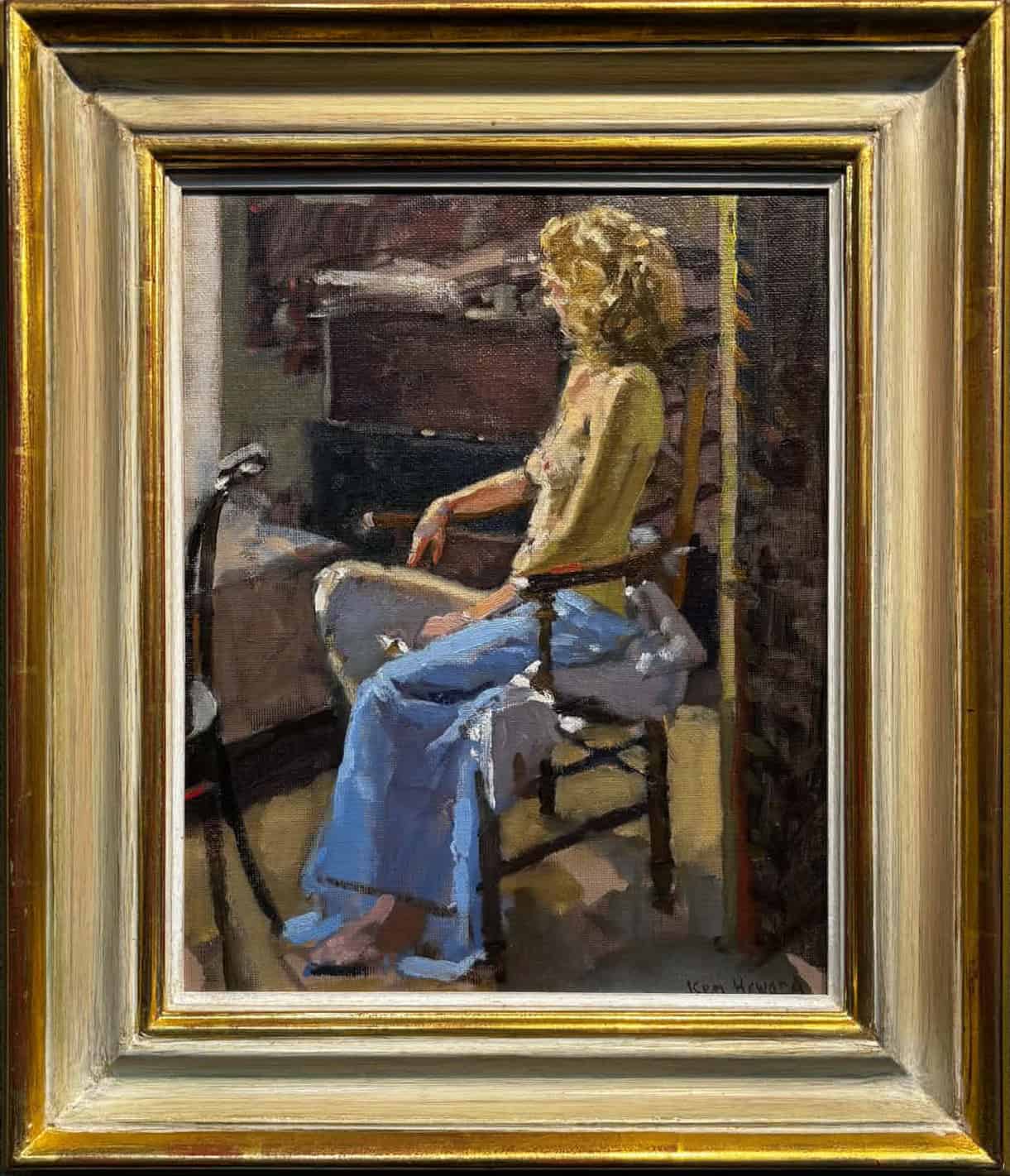 Oil painting of seated woman with blue drape by Ken Howard