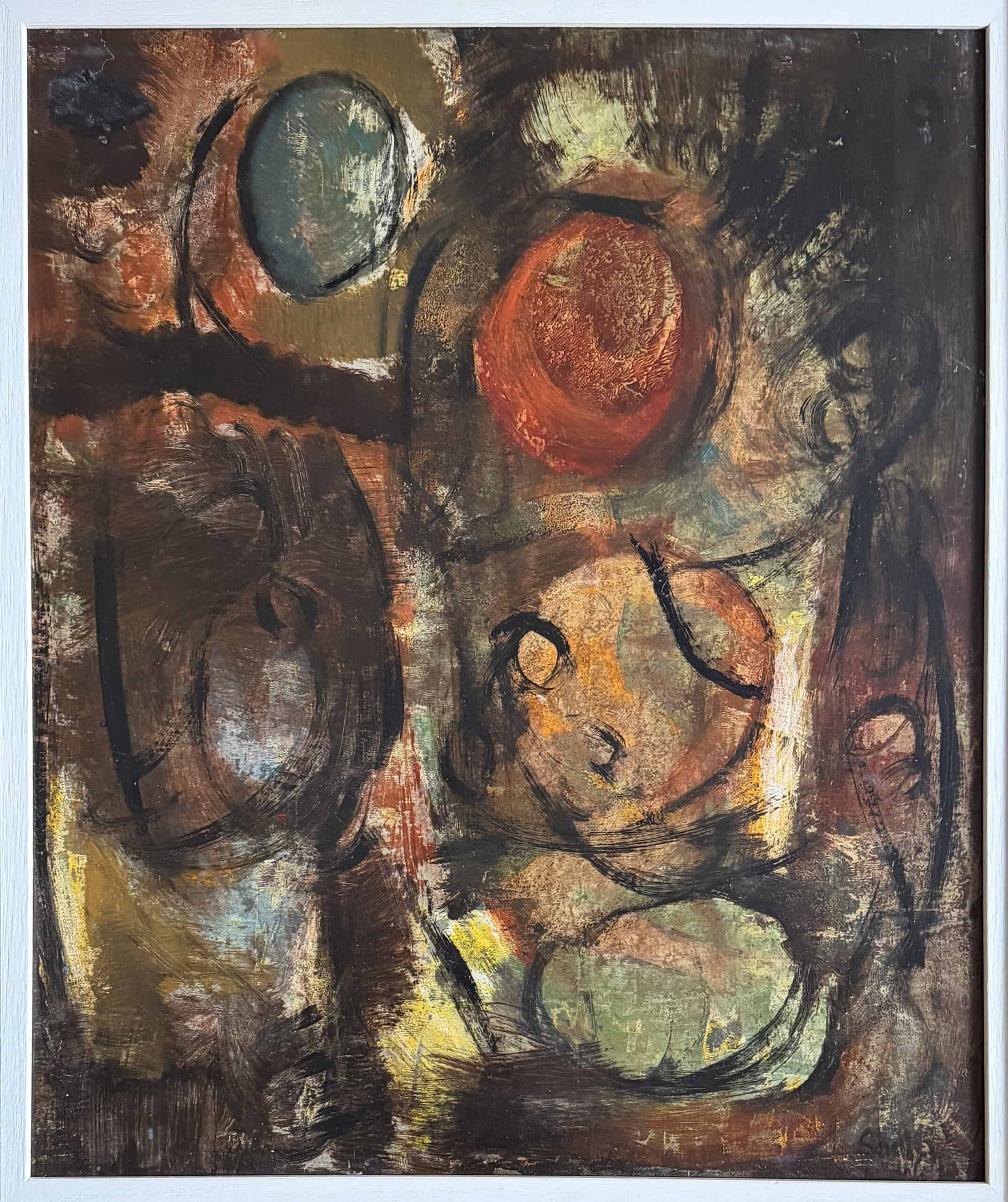 Abstract expressionist oil painting with dark earthy tones and circles