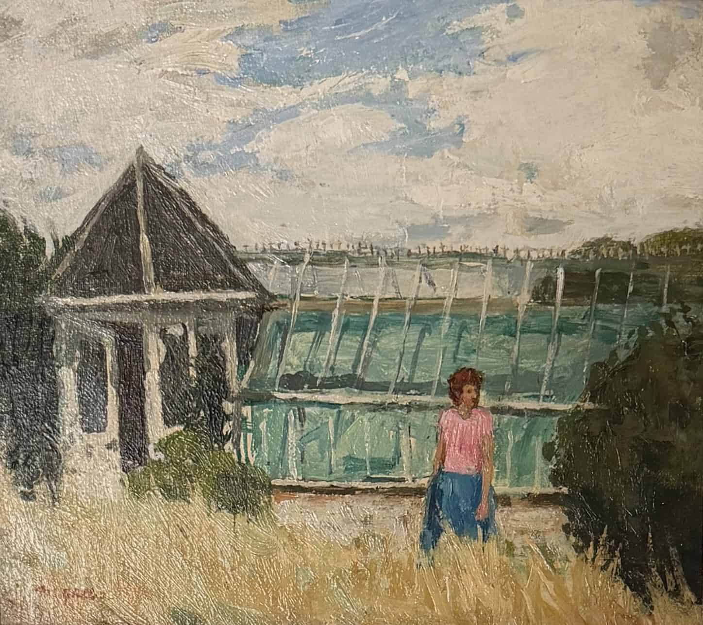 Oil painting of woman in pink near greenhouse and cottage