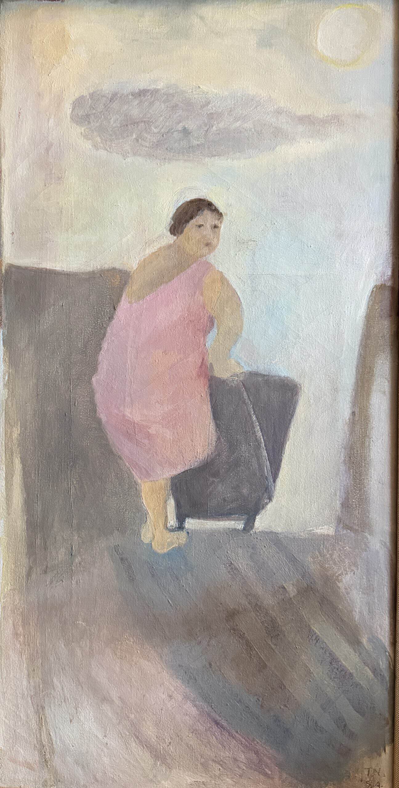 Oil painting of woman in pink dress carrying dark luggage